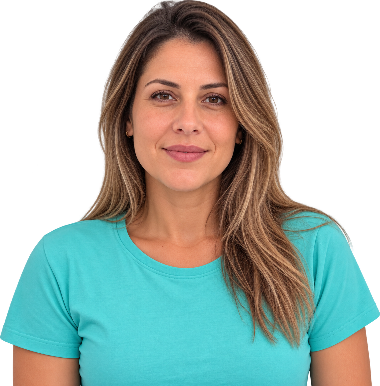 Retrato de uma mulher com camiseta turquesa